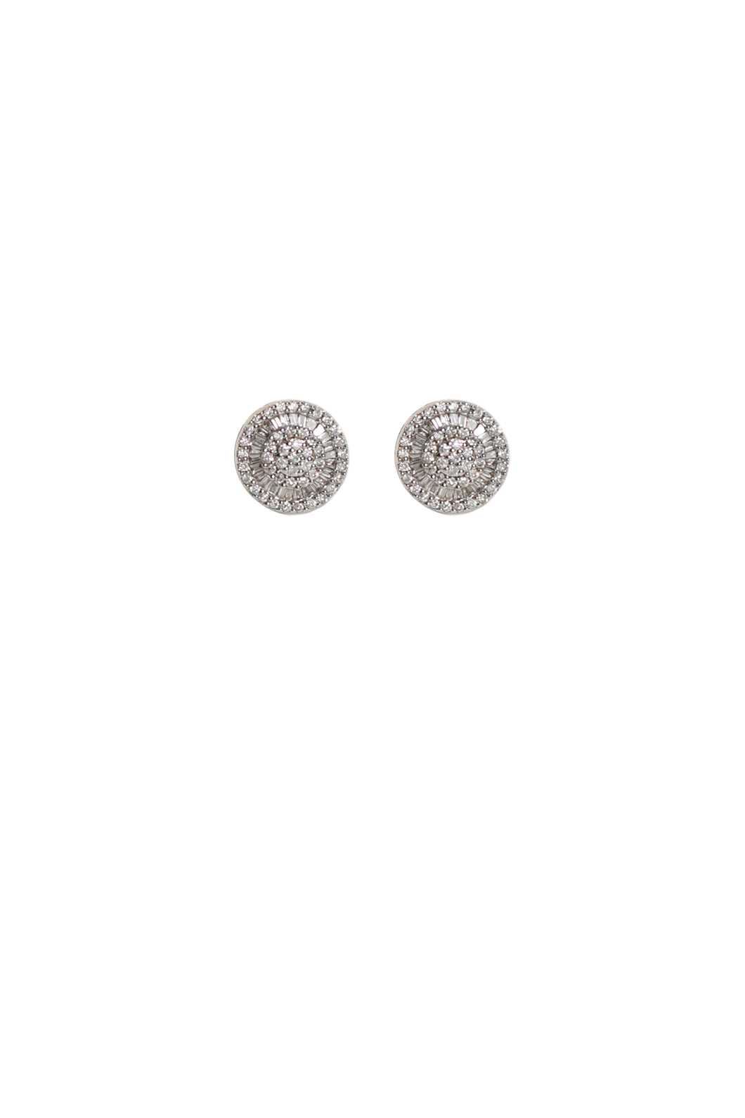Round Pave Diamond Baguette Stud Earrings